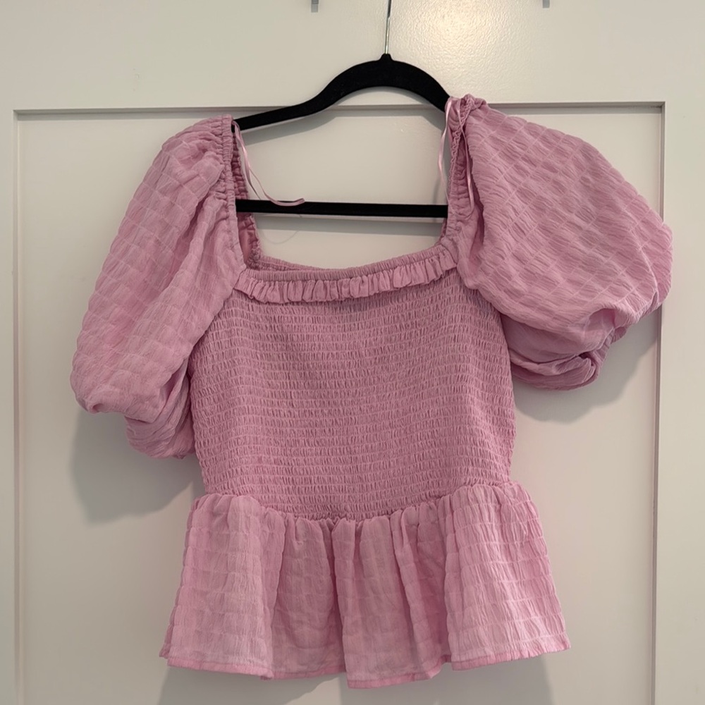 New Look Pink Puff Sleeve Blouse with Smocked Peplum